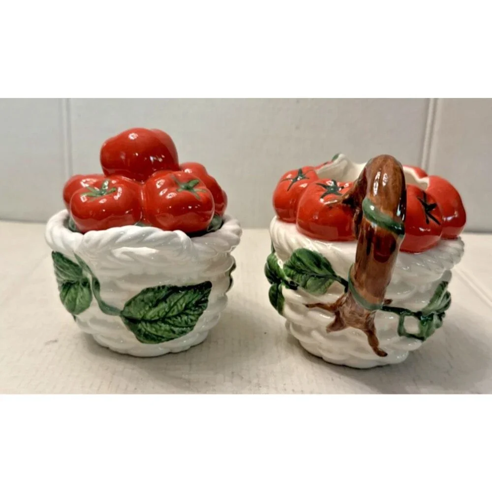 FITZ & FLOYD Tomatoes On The Vine SUGAR BOWL and CREAMER SET Vintage 1992 MINT